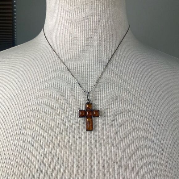 Vtg Estate Art Deco Sterling Silver Amber cross pendant and silver chain 925 - Picture 4 of 7